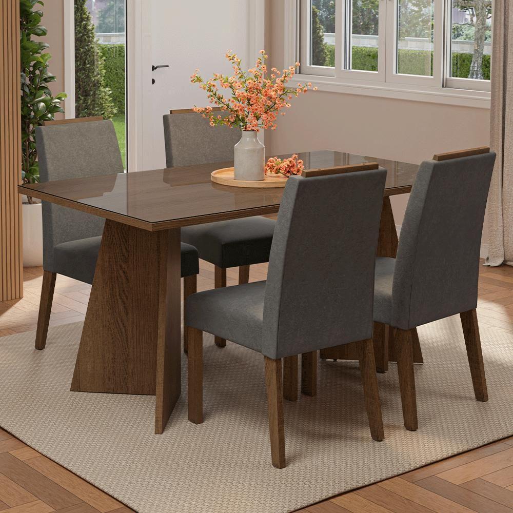 Conjunto Sala De Jantar Tampo De Vidro 4 Cadeiras Rustic/silver Braga Madesa - 1