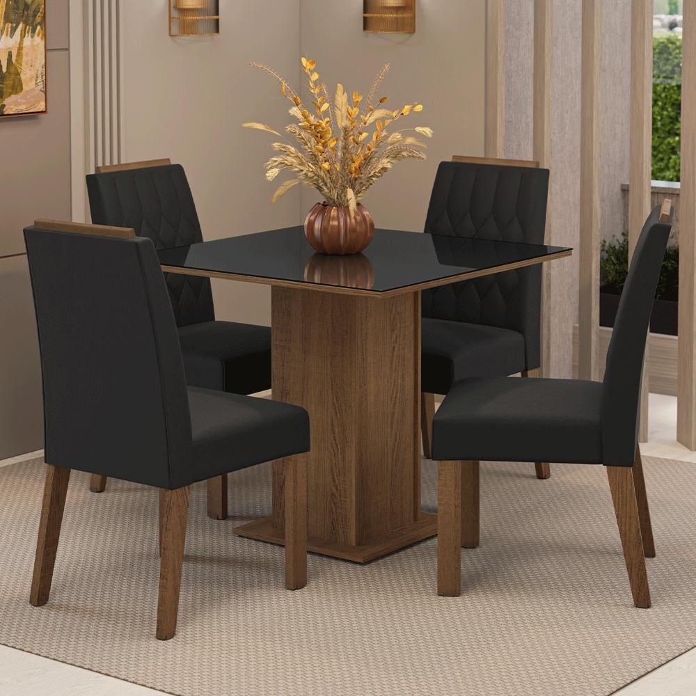 Conjunto Sala De Jantar Tampo De Vidro 4 Cadeiras Rustic/preto/oxford Capri Madesa - 1