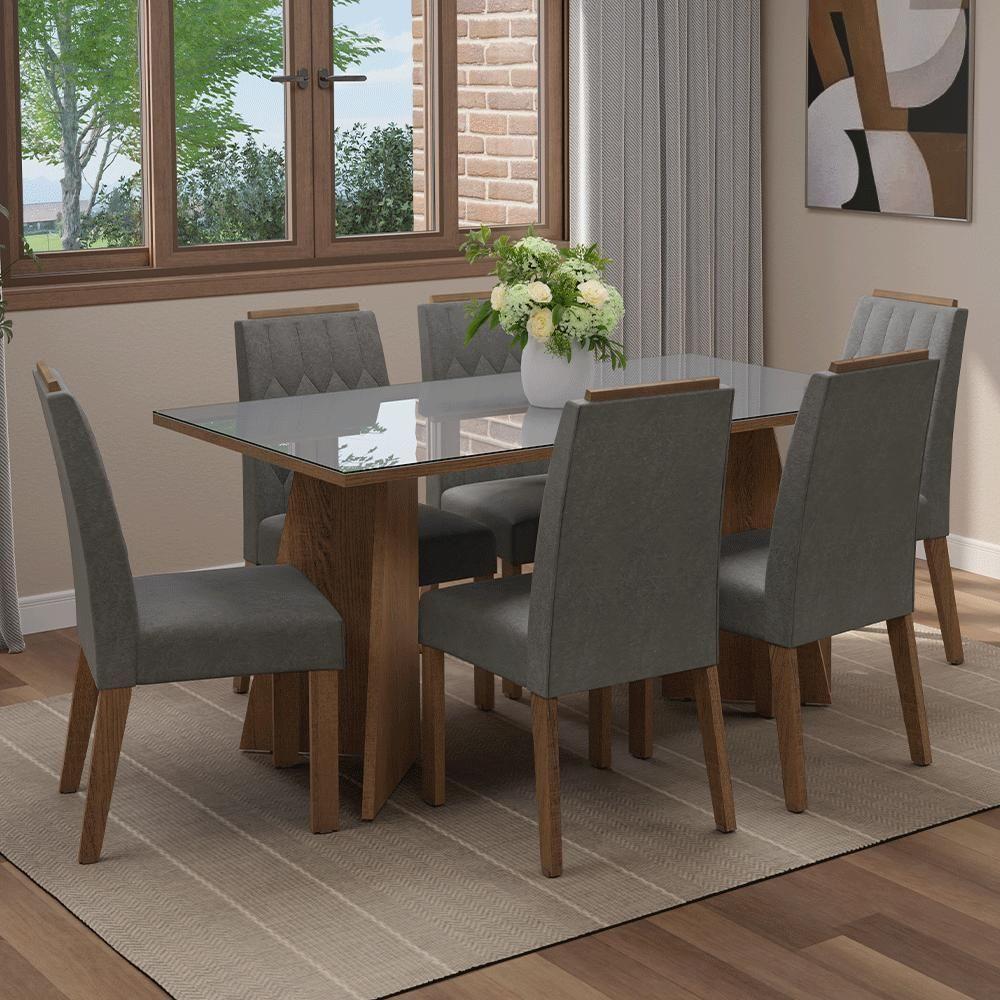 Conjunto Sala De Jantar Tampo De Vidro 6 Cadeiras Rustic/cinza/silver Sintra Madesa - 1