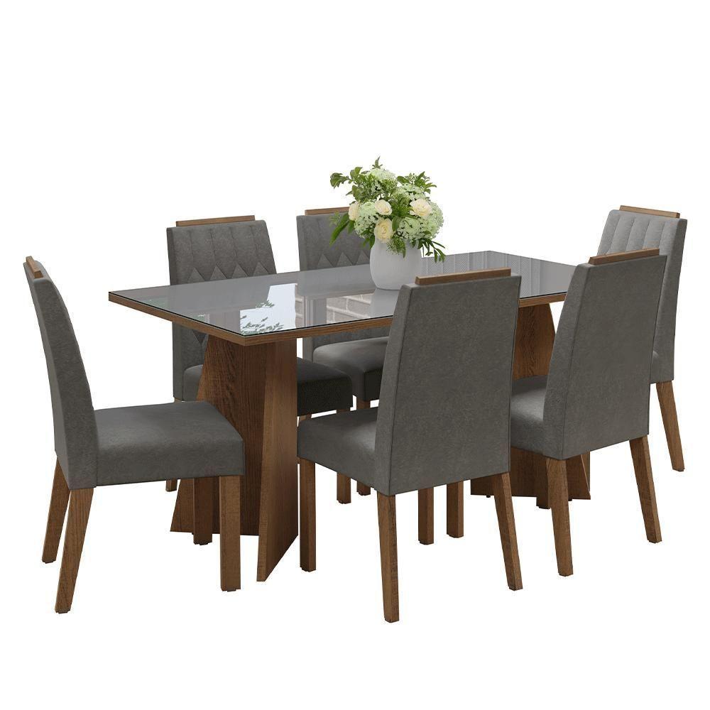 Conjunto Sala De Jantar Tampo De Vidro 6 Cadeiras Rustic/cinza/silver Sintra Madesa - 2