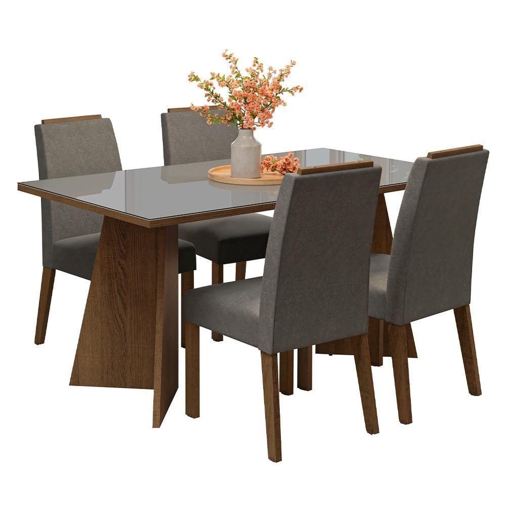 Conjunto Sala De Jantar Tampo De Vidro 4 Cadeiras Rustic/cinza/silver Braga Madesa - 2