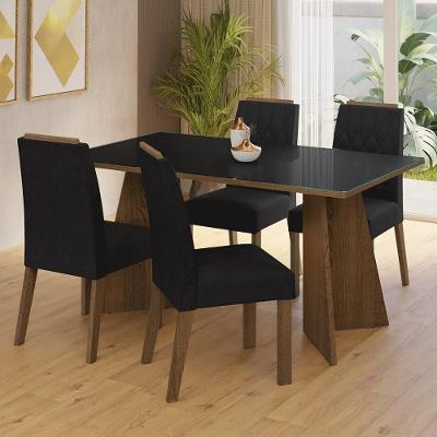 Conjunto Sala de Jantar Porto 4 Lugares Tampo em MDP com Vidro Incolor Rustic Preto Oxford 160x90cm