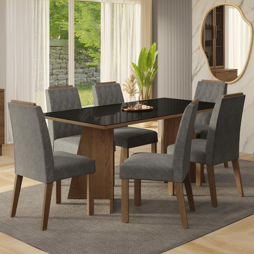 Conjunto Sala De Jantar Tampo De Vidro 6 Cadeiras Rustic/preto/silver Siena Madesa - 1