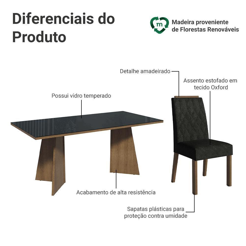 Conjunto Sala De Jantar Tampo De Vidro 6 Cadeiras Rustic/preto/oxford Siena Madesa - 4
