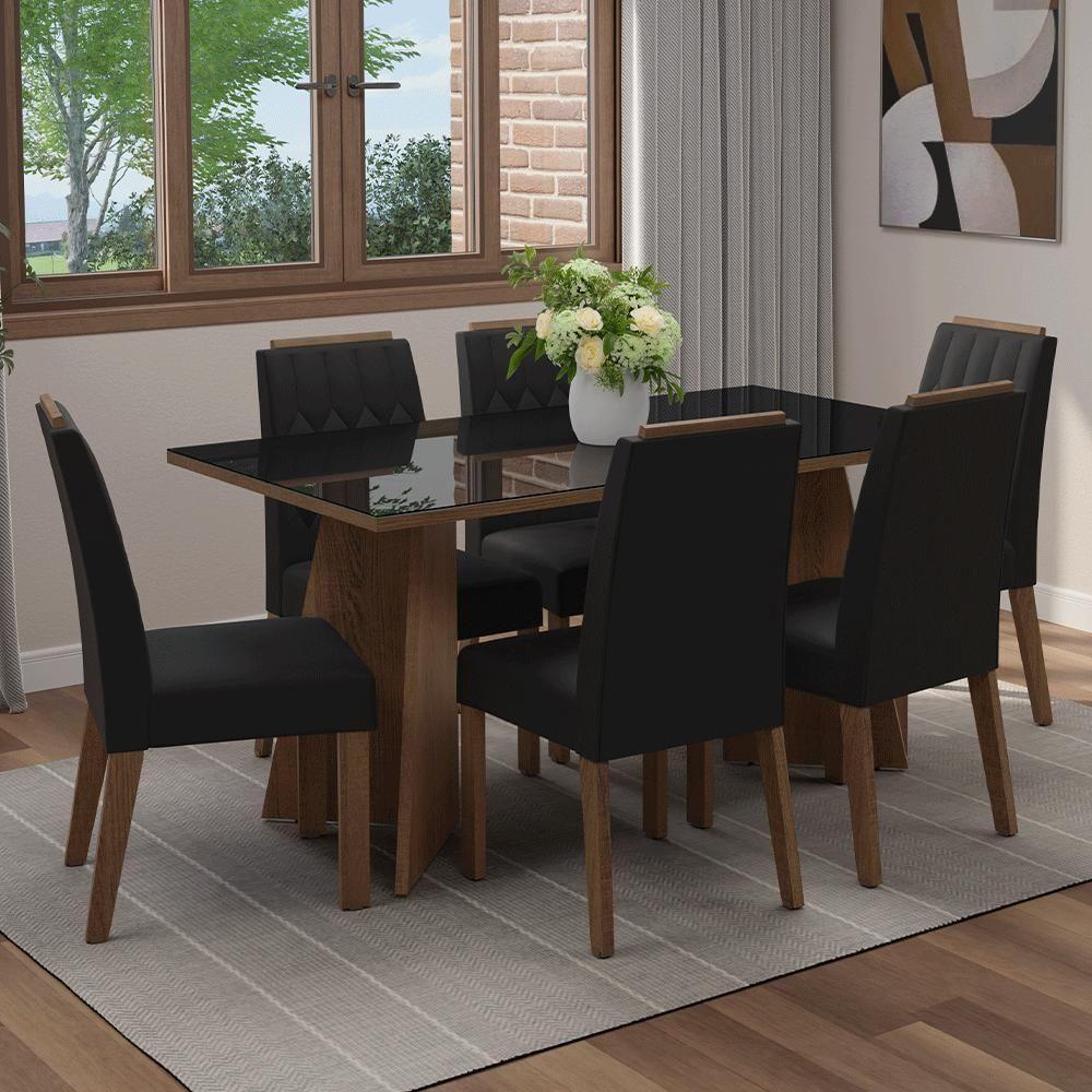 Conjunto Sala De Jantar Tampo De Vidro 6 Cadeiras Rustic/preto/oxford Sintra Madesa - 1