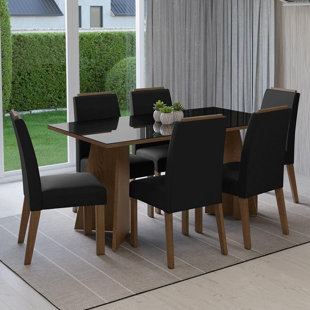 Conjunto Sala De Jantar Tampo De Vidro 6 Cadeiras Rustic/preto/oxford Madrid Madesa - 1