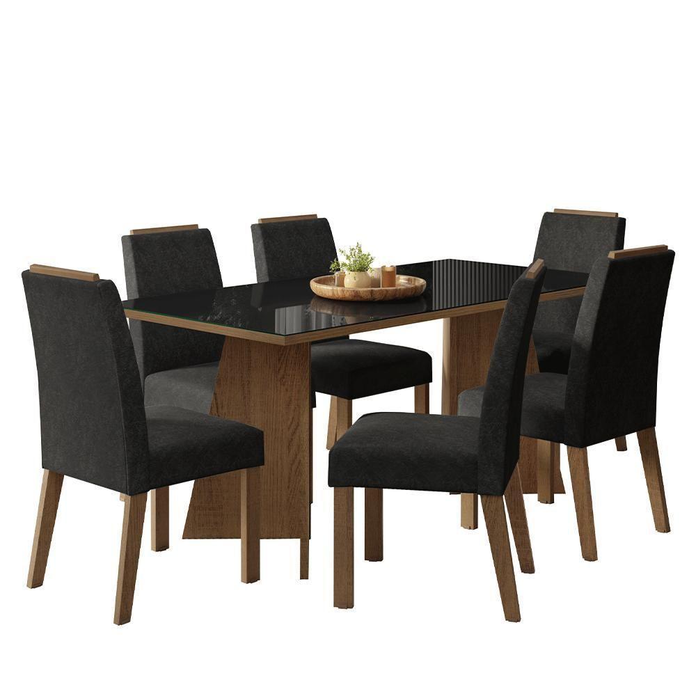 Conjunto Sala De Jantar Tampo De Vidro 6 Cadeiras Rustic/preto/oxford Amalfi Madesa - 2