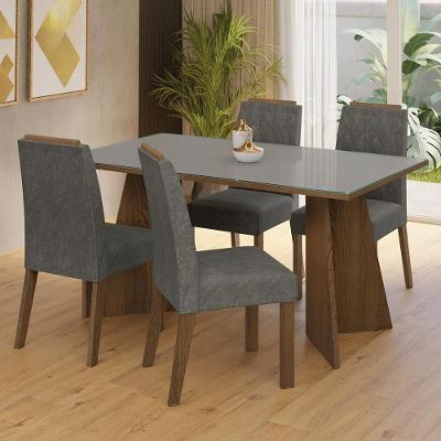 Conjunto Sala de Jantar Porto 4 Lugares Tampo em MDP com Vidro Incolor Rustic e Cinza Silver