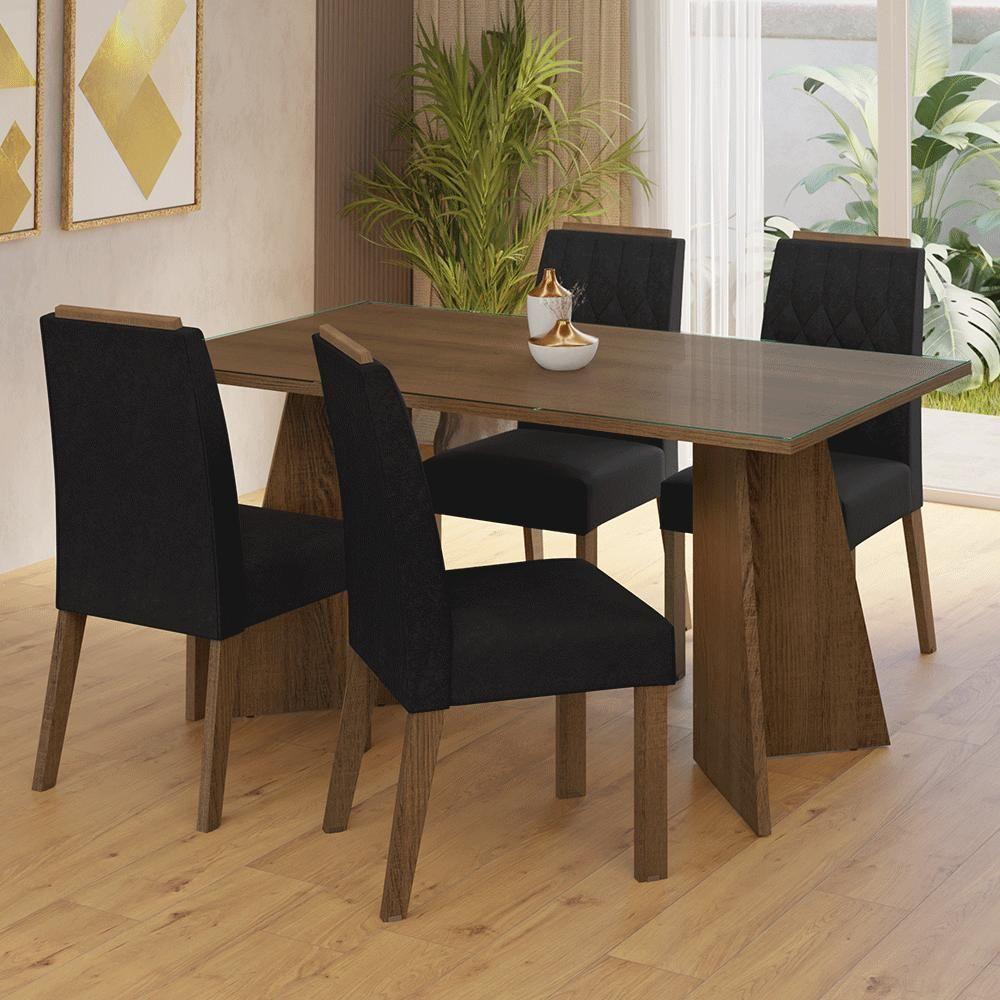 Conjunto Sala De Jantar Mesa Tampo De Vidro 4 Cadeiras Rustic/oxford Porto Madesa - 1