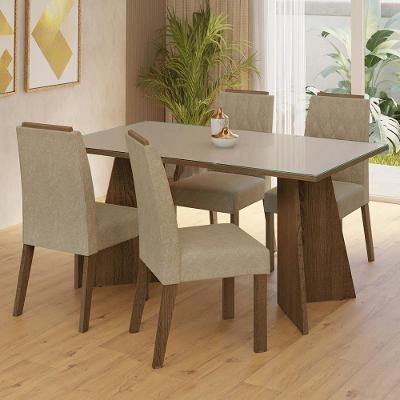 Conjunto de Jantar Porto 4 Lugares Tampo em MDP com Vidro Incolor e Cadeiras Suede Imperial Rustic