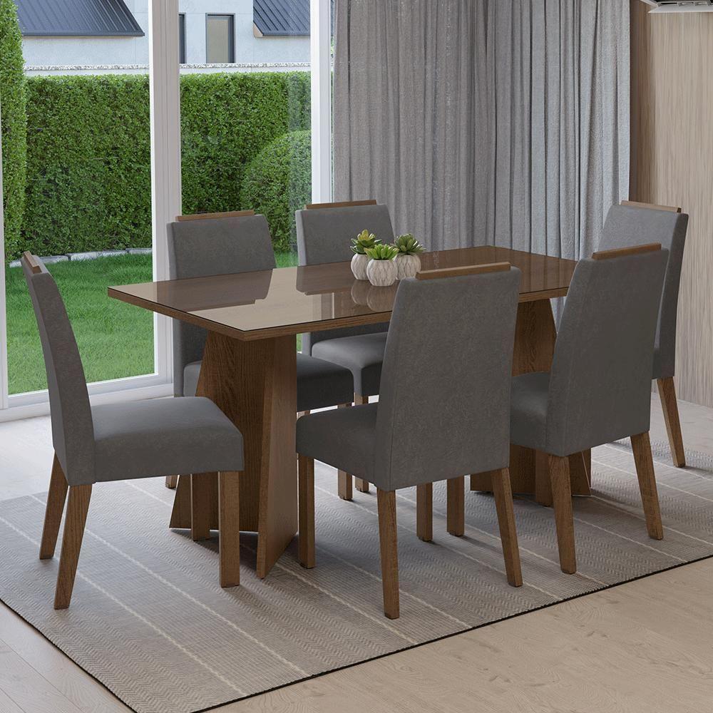 Conjunto Sala De Jantar Tampo De Vidro 6 Cadeiras Rustic/silver Madrid Madesa - 1