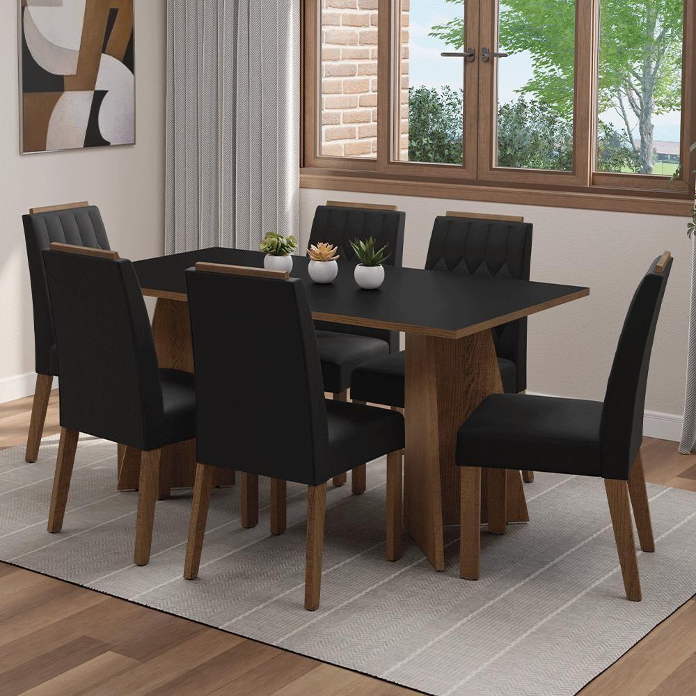 Conjunto Sala De Jantar Tampo De Madeira 6 Cadeiras Rustic/preto/oxford Leon Madesa - 1