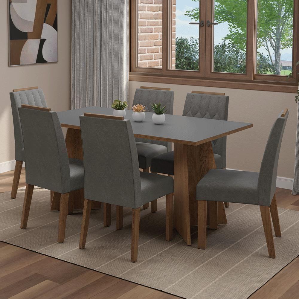 Conjunto Sala De Jantar Tampo De Madeira 6 Cadeiras Rustic/cinza/silver Leon Madesa - 1