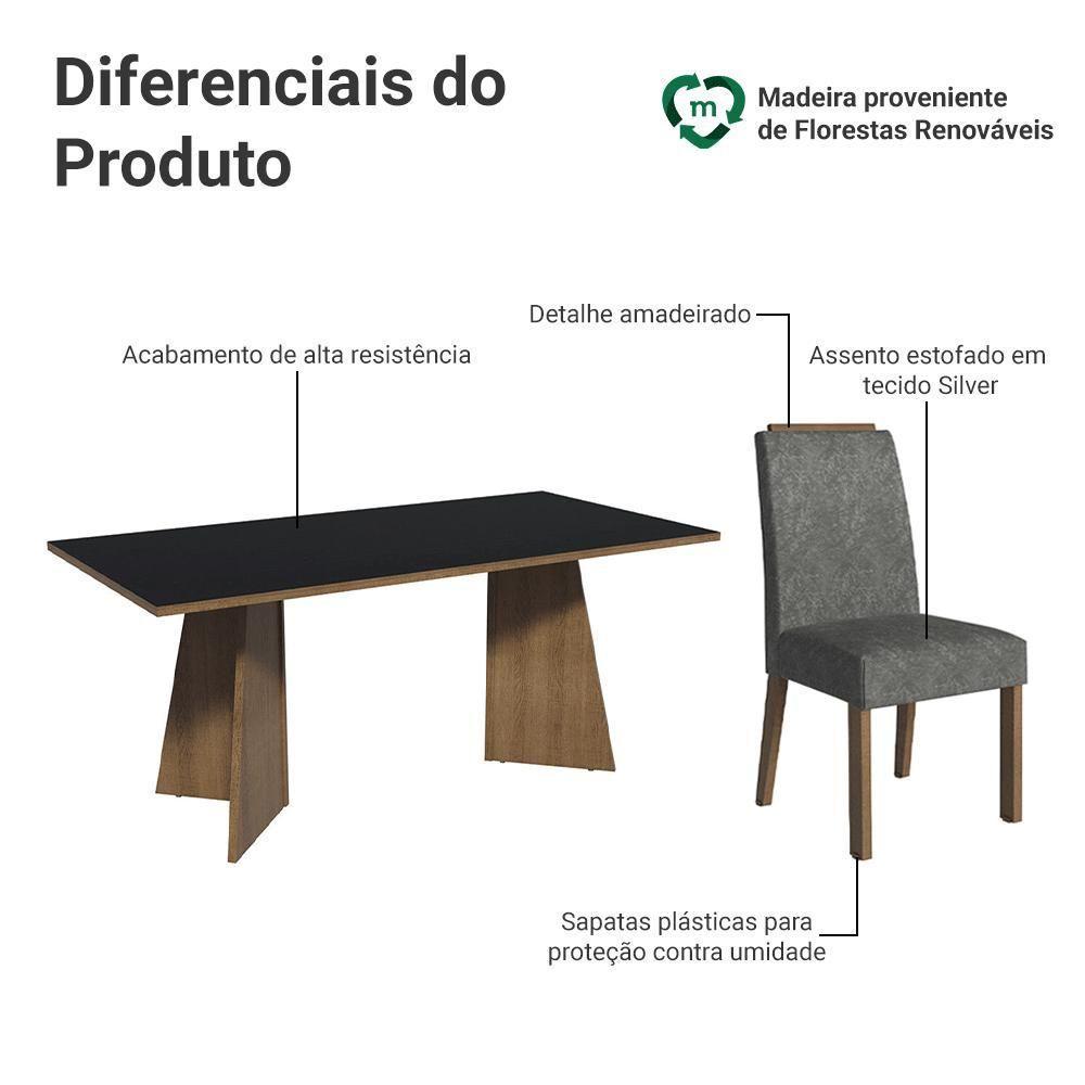 Conjunto Sala De Jantar Tampo De Madeira 6 Cadeiras Rustic/preto/silver Minsk Madesa - 4