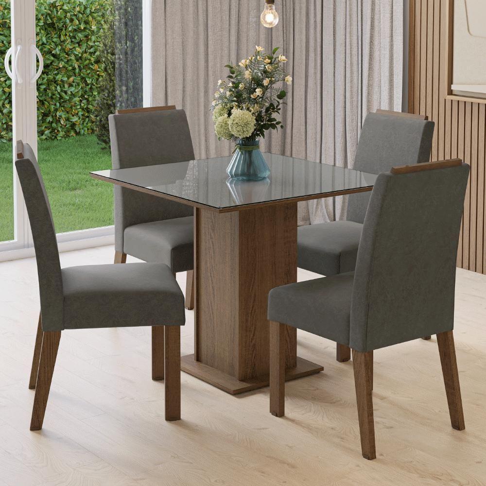 Conjunto Sala De Jantar Tampo De Vidro 4 Cadeiras Rustic/cinza/silver Sines Madesa - 1