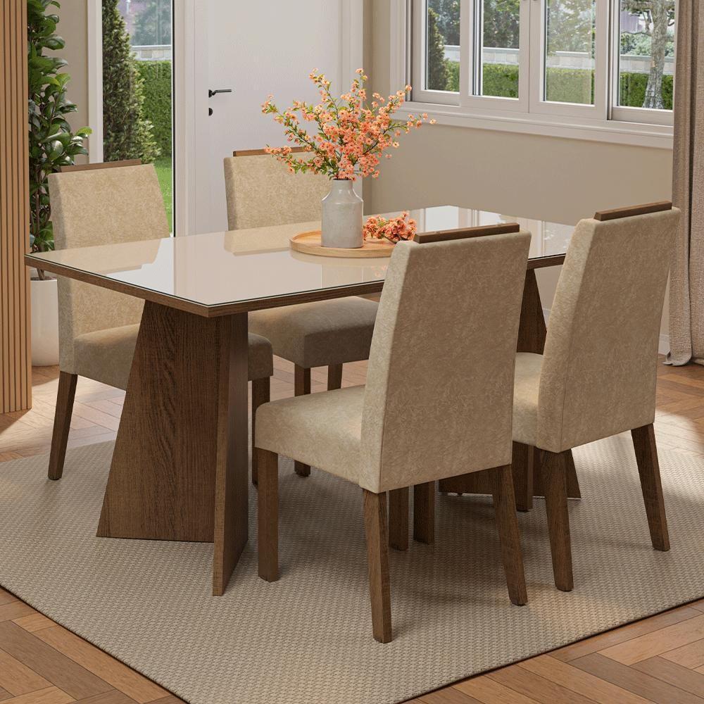 Conjunto Sala De Jantar Tampo De Vidro 4 Cadeiras Rustic/crema/imperial Braga Madesa - 1