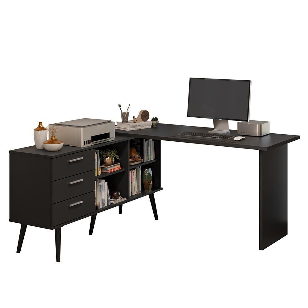 Mesa De Escritório Em L 3 Gavetas Preto Lisboa Madesa - 2