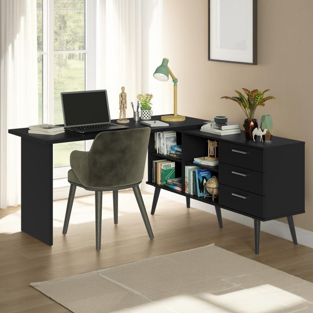 Escrivaninha Mesa De Estudos De Canto 3 Gavetas Preto Lisboa Madesa - 1