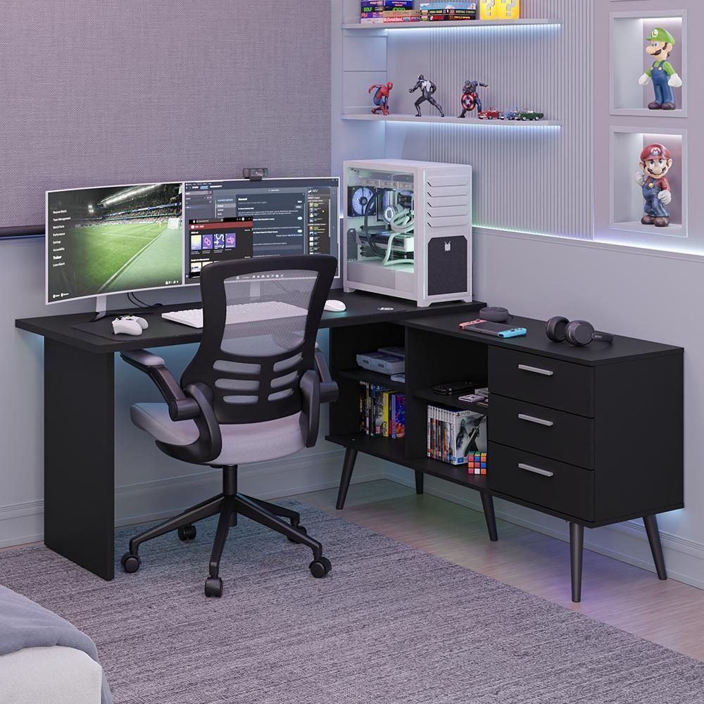Mesa Para Computador Gamer Em L 3 Gavetas Preto Lisboa Madesa Preto - 1