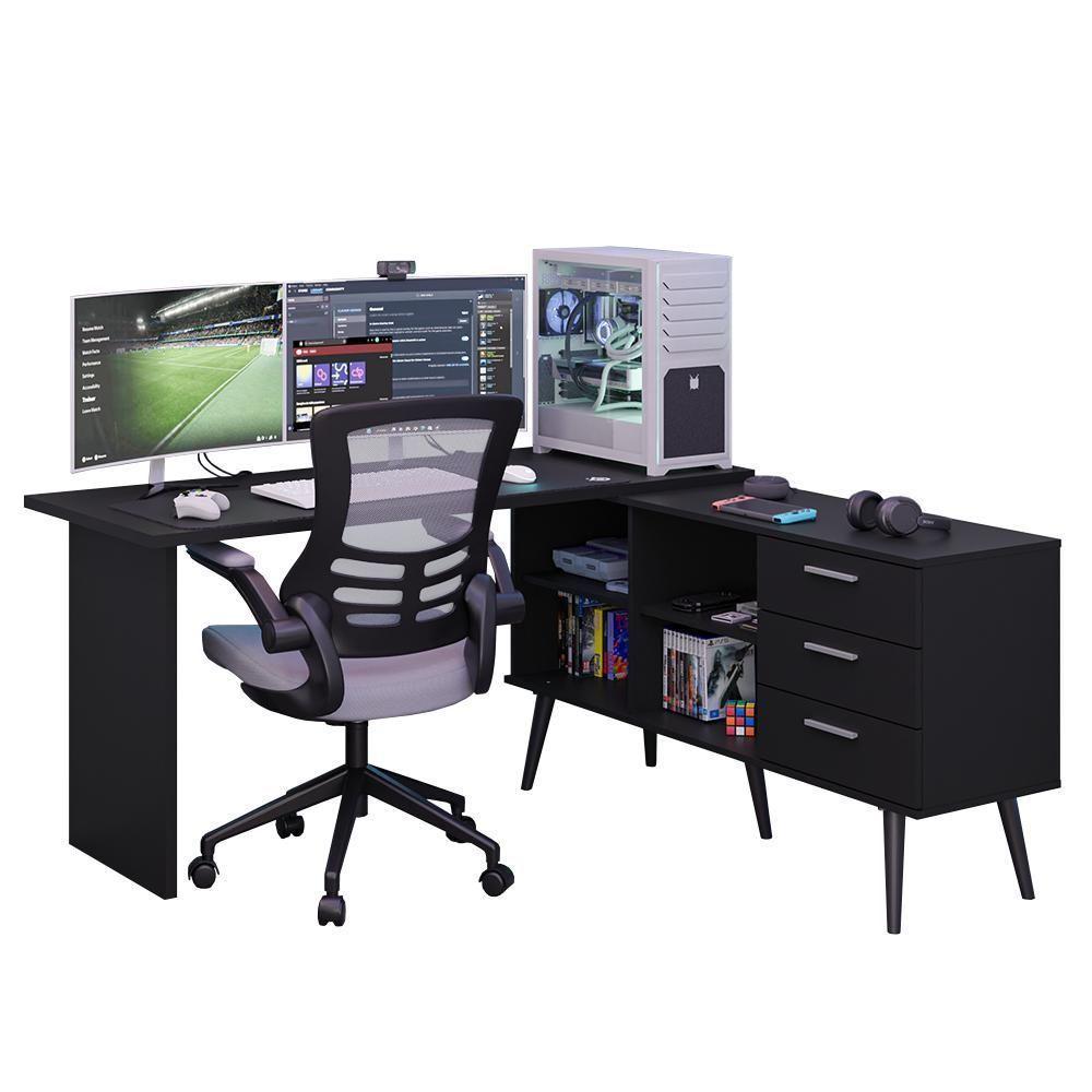 Mesa Para Computador Gamer Em L 3 Gavetas Preto Lisboa Madesa Preto - 2