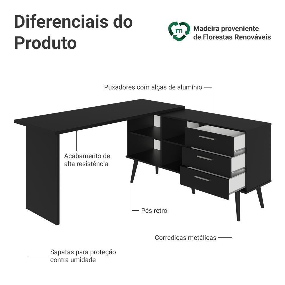 Mesa Para Computador Gamer Em L 3 Gavetas Preto Lisboa Madesa Preto - 5