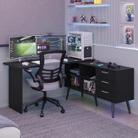 Mesa Para Computador Gamer Em L 3 Gavetas Preto Lisboa Madesa Preto - 1