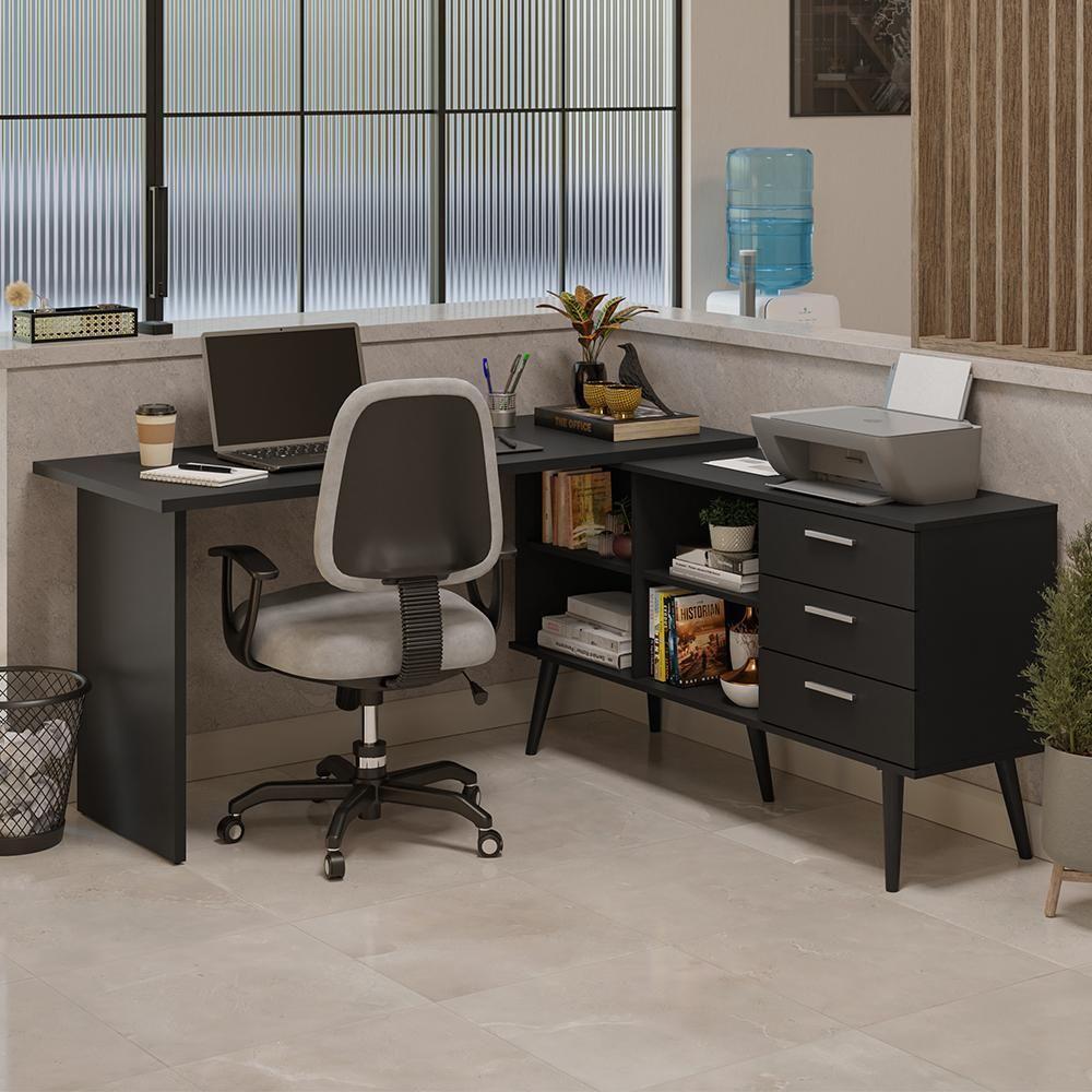 Mesa De Escritório Em L 3 Gavetas Preto Lisboa Madesa - 1