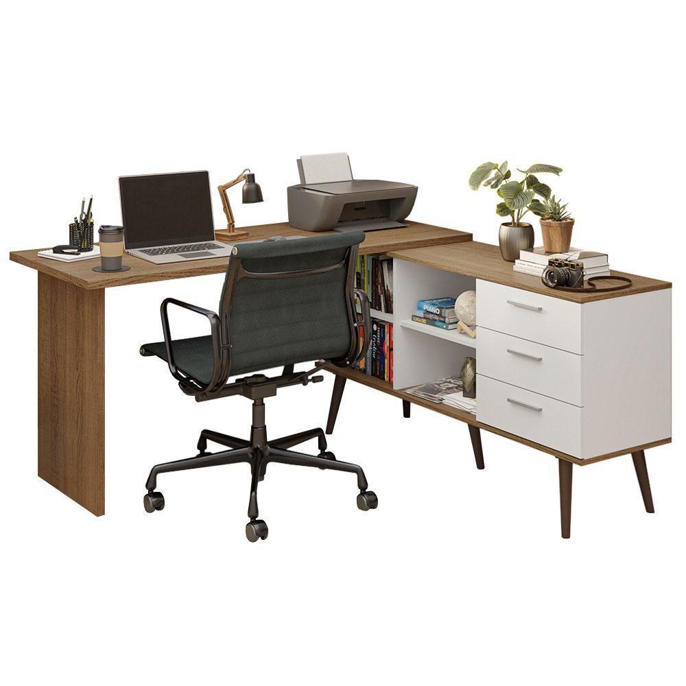 Escrivaninha Mesa De Escritório De Canto 3 Gavetas Branco/rustic Lisboa Madesa - 2