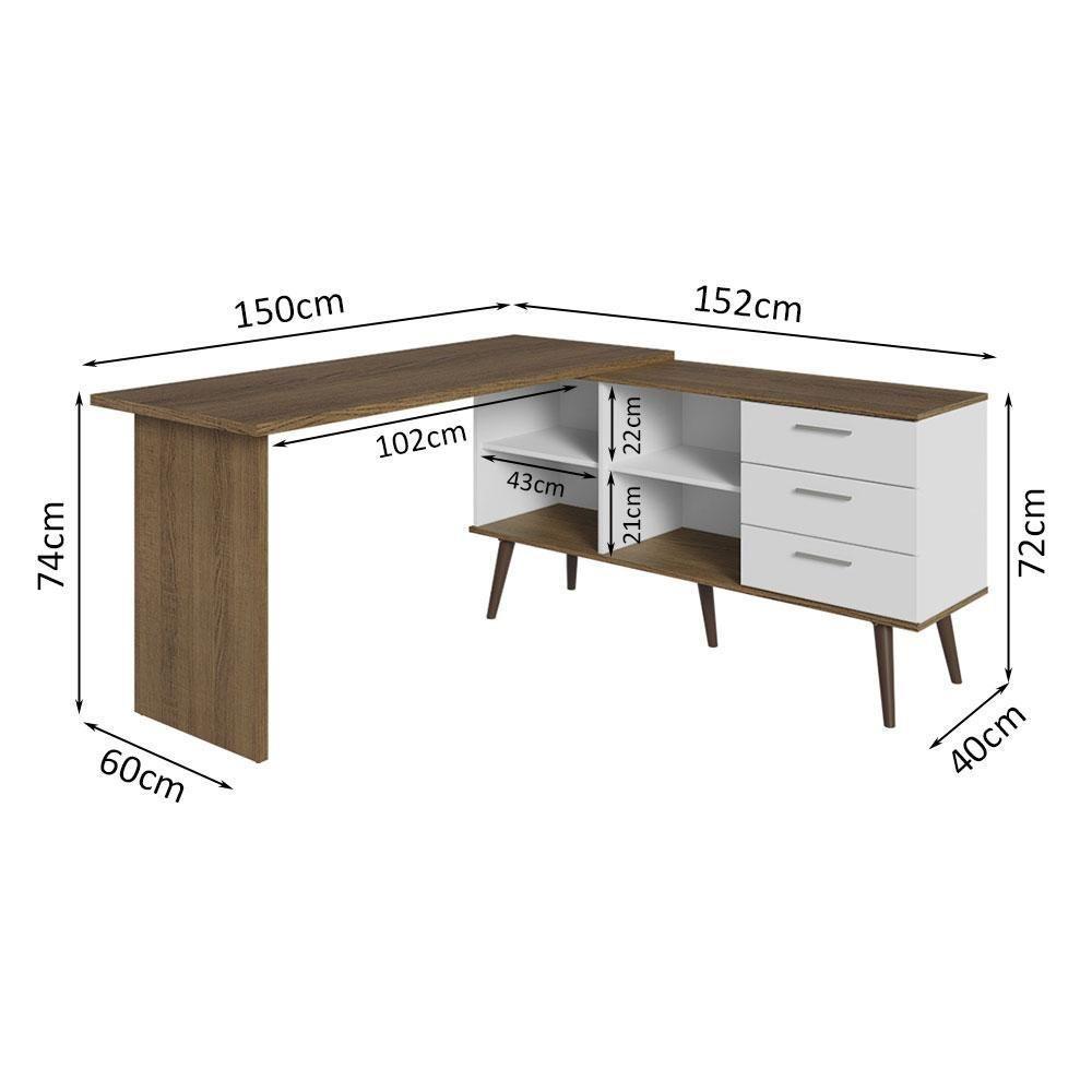 Escrivaninha Mesa De Escritório De Canto 3 Gavetas Branco/rustic Lisboa Madesa - 3
