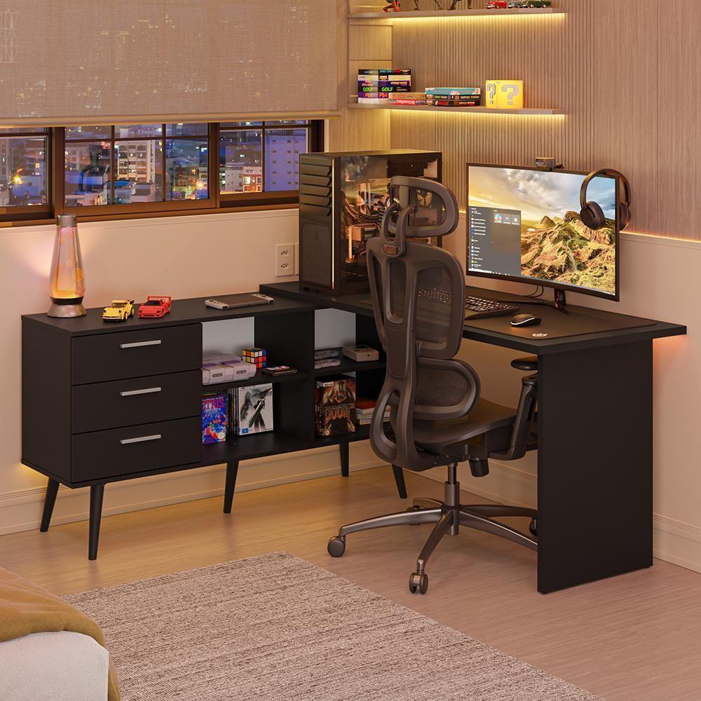 Escrivaninha Em L Mesa Para Computador Gamer 3 Gavetas Preto Lisboa Madesa - 1