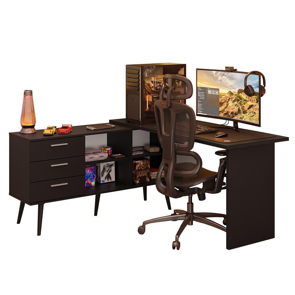 Escrivaninha Em L Mesa Para Computador Gamer 3 Gavetas Preto Lisboa Madesa - 2