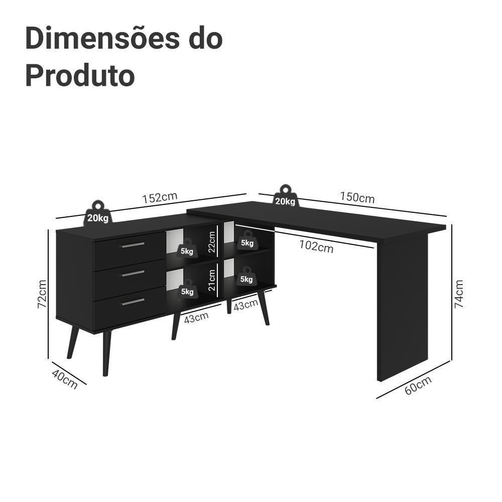 Escrivaninha Em L Mesa Para Computador Gamer 3 Gavetas Preto Lisboa Madesa - 3