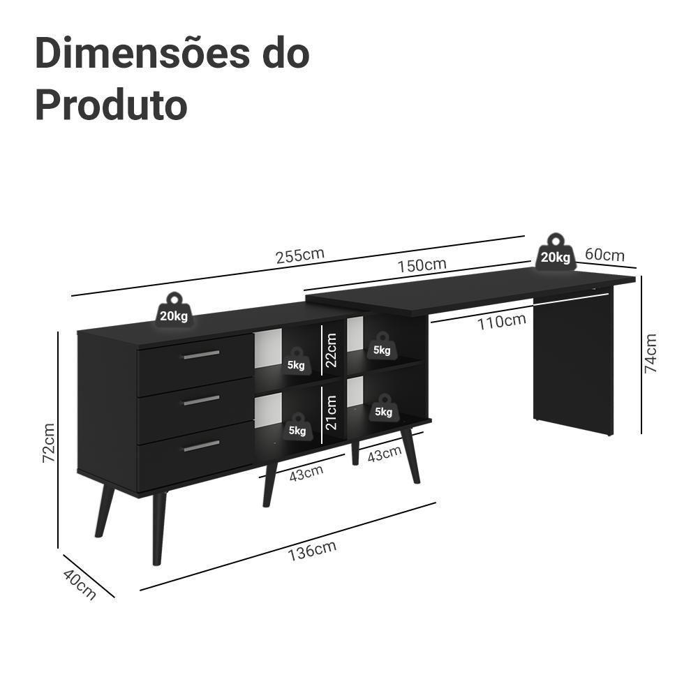 Mesa De Estudos Em L 3 Gavetas Preto Lisboa Madesa - 4