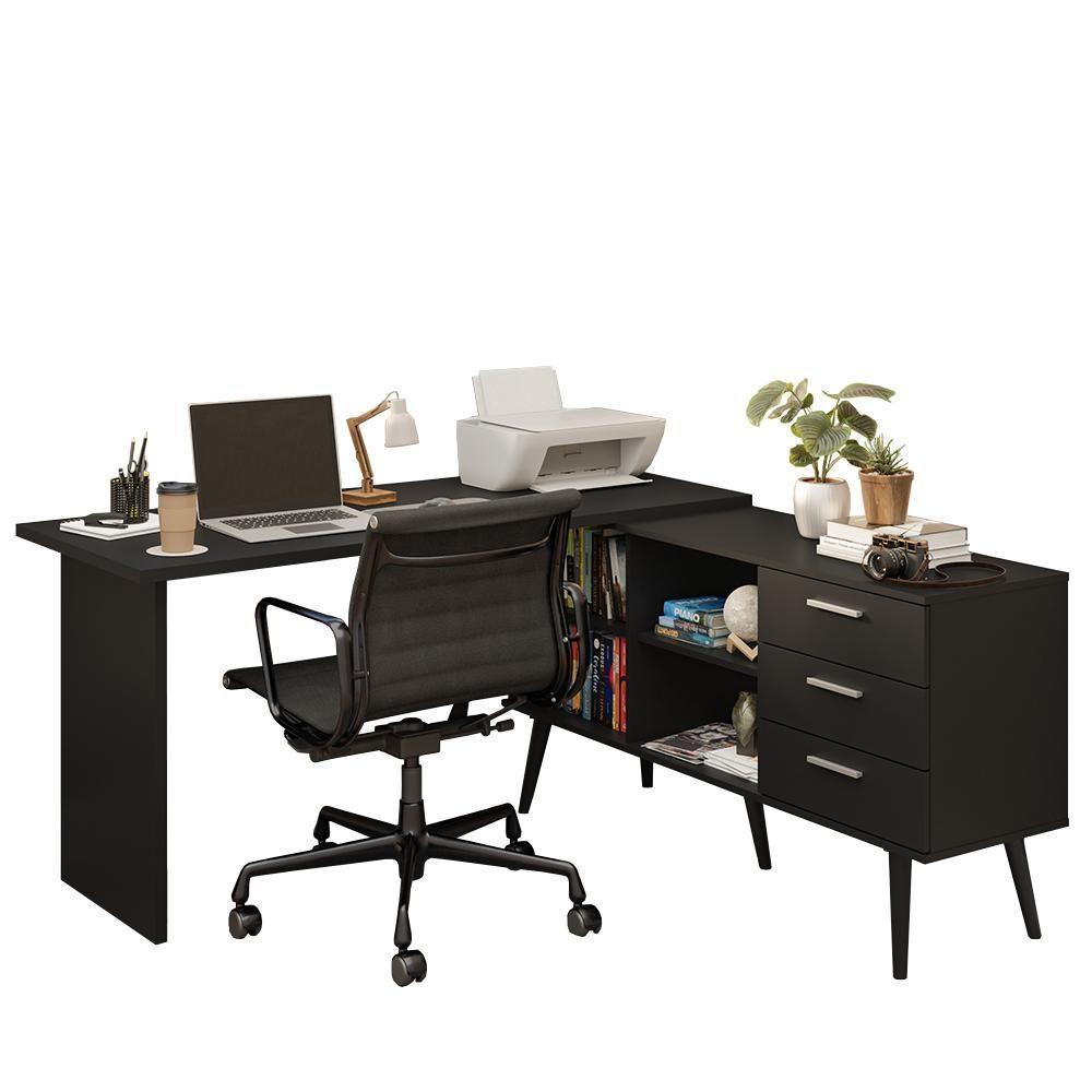 Escrivaninha Mesa De Escritório De Canto 3 Gavetas Preto Lisboa Madesa - 2