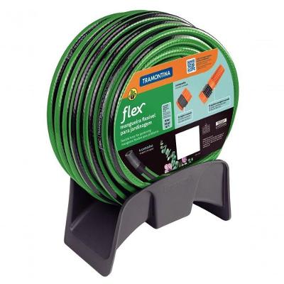 Mangueira Flex Tramontina Em Pvc Verde Com Faixa Preta 4 Camadas 20m Engate Rosqueado, Esguicho E Suporte