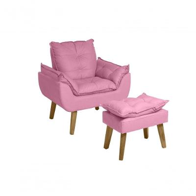 Poltrona Cadeira Decorativa E Puff Glamour Com Pés Quadrado Rosê
