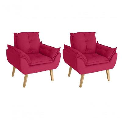 Kit 02 Poltrona Cadeira Decorativa Glamour Com Pés Quadrado Vermelho