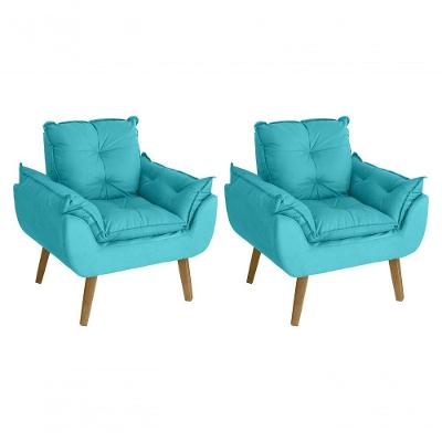 Kit 02 Poltrona Cadeira Decorativa Glamour Com Pés Quadrado Azul Turquesa