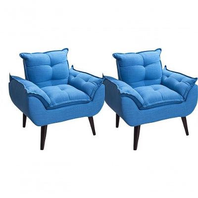 Kit 02 Poltrona Cadeira Decorativa Glamour Com Pés Quadrado Azul Linho
