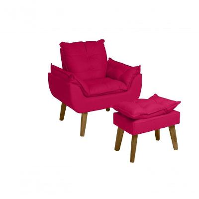Poltrona Cadeira Decorativa E Puff Glamour Com Pés Quadrado Vermelho