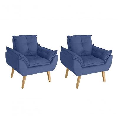Kit 02 Poltrona Cadeira Decorativa Glamour Com Pés Quadrado Azul Marinho