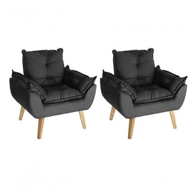 Kit 02 Poltrona Cadeira Decorativa Glamour Com Pés Quadrado Preto