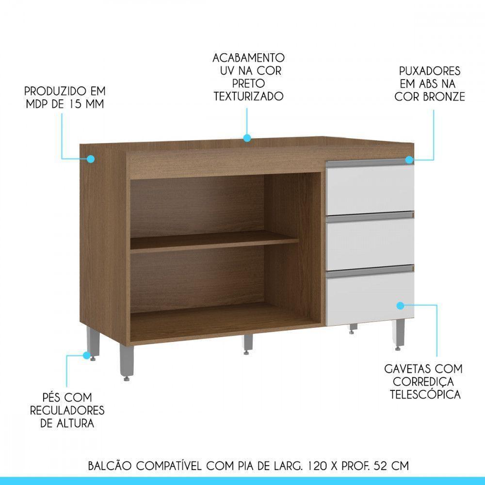 Balcão Pia Cozinha 2 Portas 3 Gavetas 120x52cm Menu Móveis Branco - 3