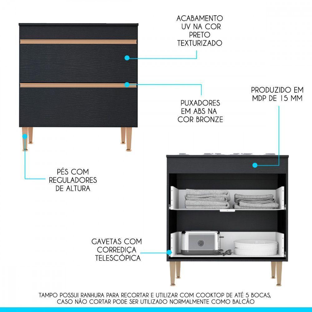 Balcão P/ Cooktop Sabrina 80x88cm 2 Gavetas Mdp Menu Móveis Preto - 3