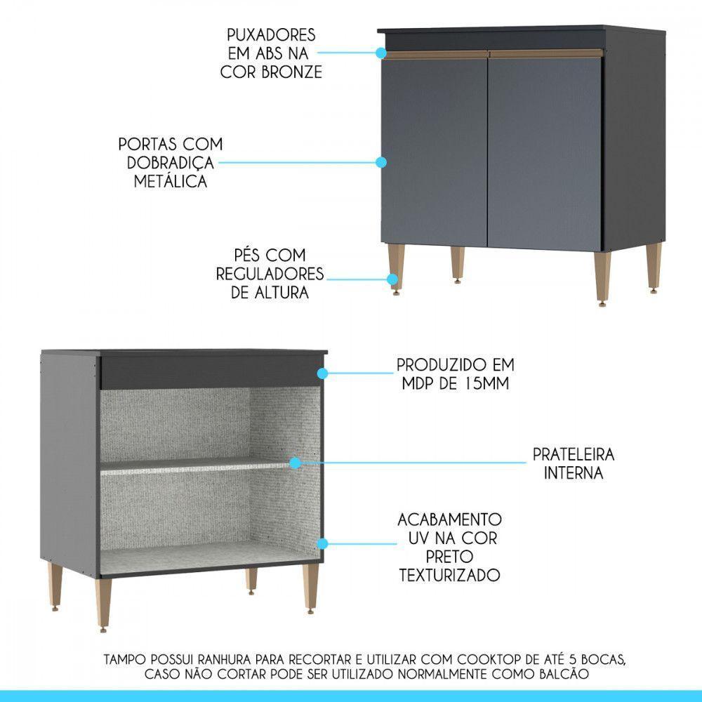 Balcão Multiuso Cozinha 2 Portas 80x52cm Mdp Menu Móveis Preto - 3