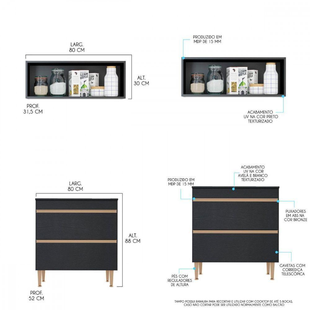 Balcão Cooktop 4 Bocas Nicho Aéreo Multiuso 80cm Menu Móveis Preto - 2