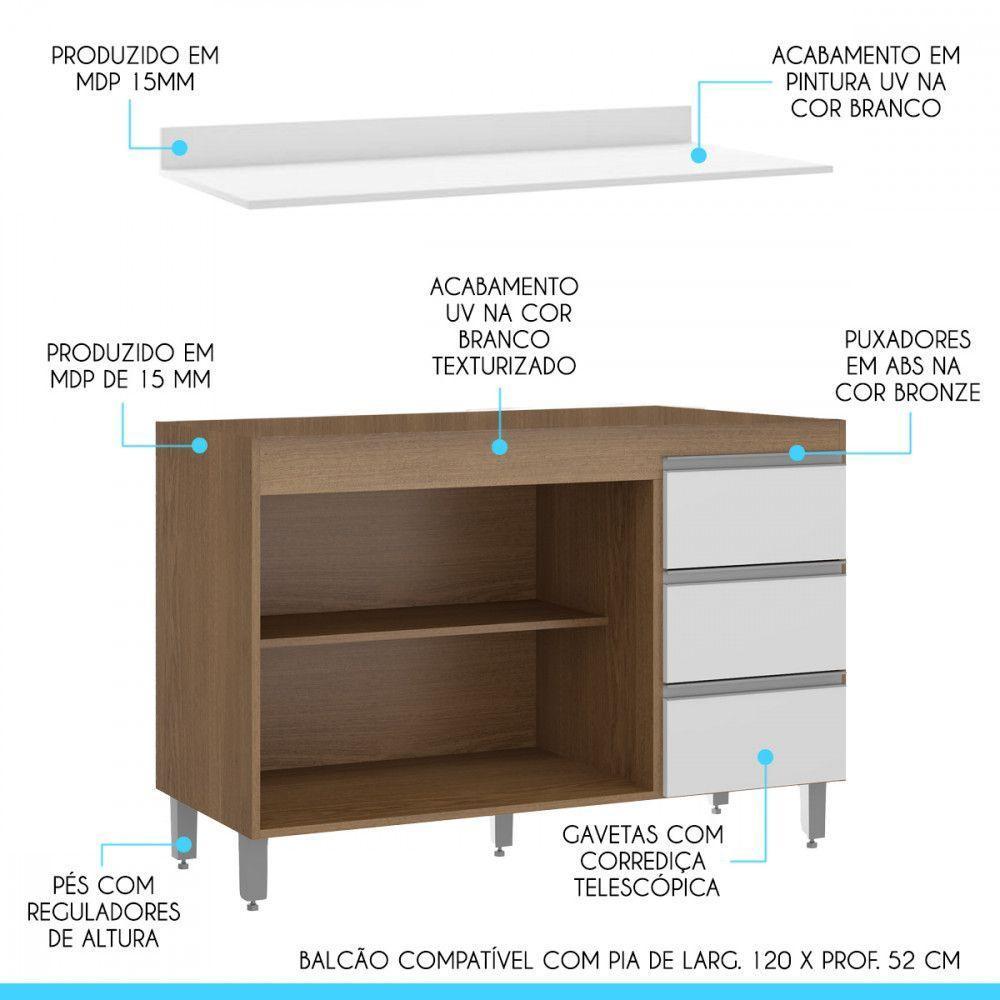 Balcão Armário De Cozinha Com Tampo 120x52cm Mdp Menu Móveis Branco - 3