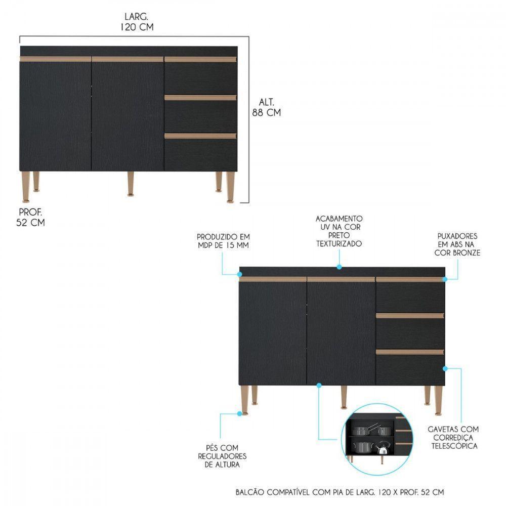 Balcão Tampo Com Armário Aéreo Cozinha 120x52cm Menu Móveis Preto - 2
