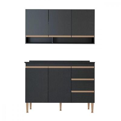 Balcão Tampo Com Armário Aéreo Cozinha 120x52cm Menu Móveis Preto