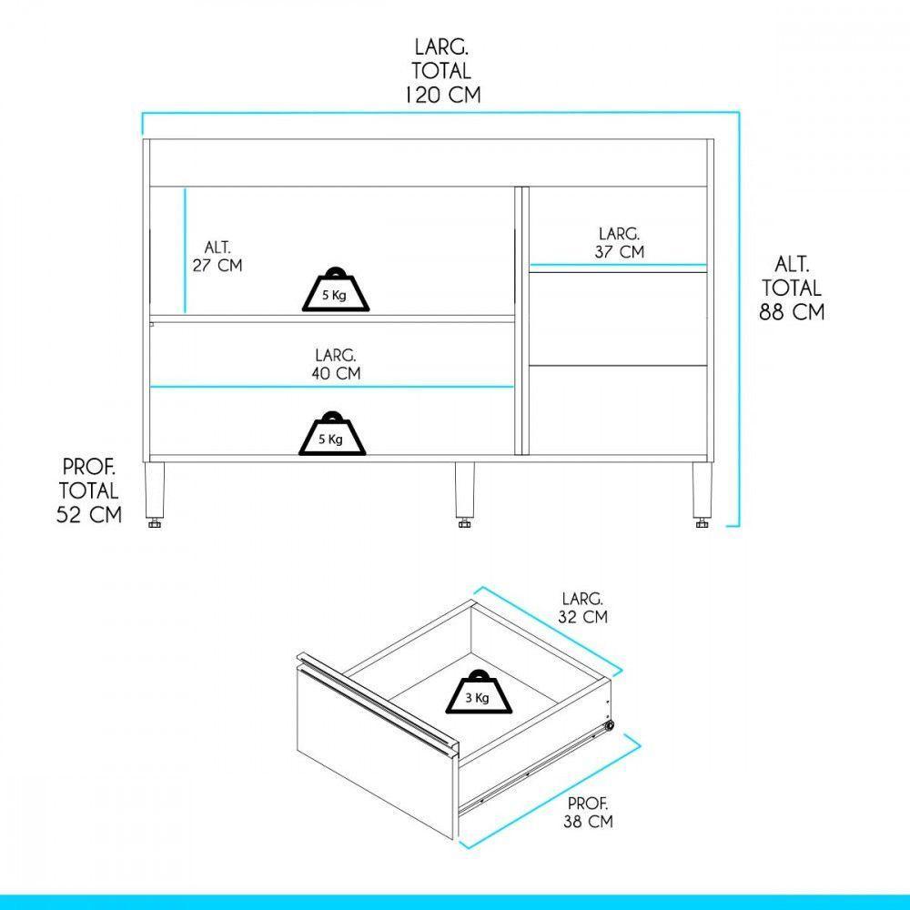 Balcão Pia Cozinha 2 Portas 3 Gavetas 120x52cm Menu Móveis Avelã Branco - 4